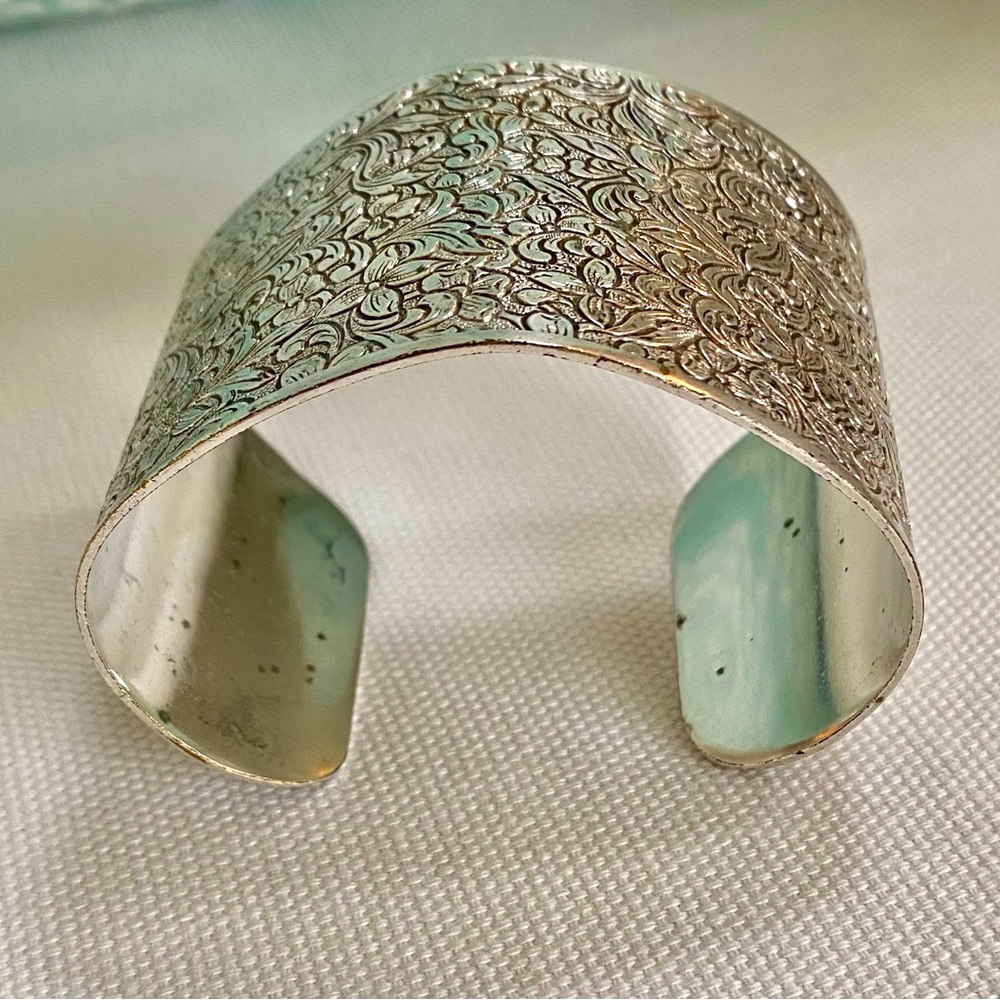 Large Cuff Bracelet Marked Jeray Floral Scroll Silver Tone VTG 2” Chunky